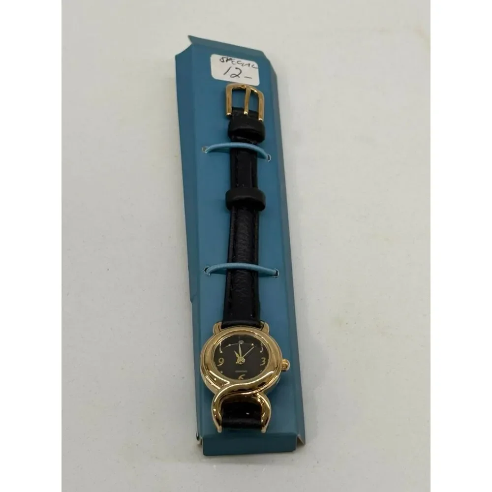 Vintage Avon Gold Tone Diamond Accent Watch Black Leather Strap NIB Untested